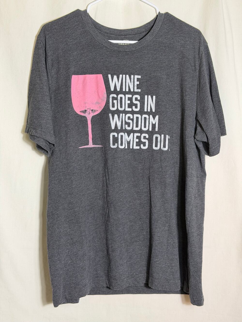 Wine Goes In Wisdom Comes Out Funny Graphic T Shirt Gray Pink XL